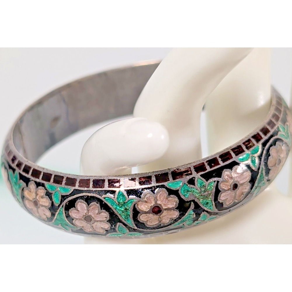 Vintage Tested Silver Champleve Enamel Floral Bangle Bracelet Black Green